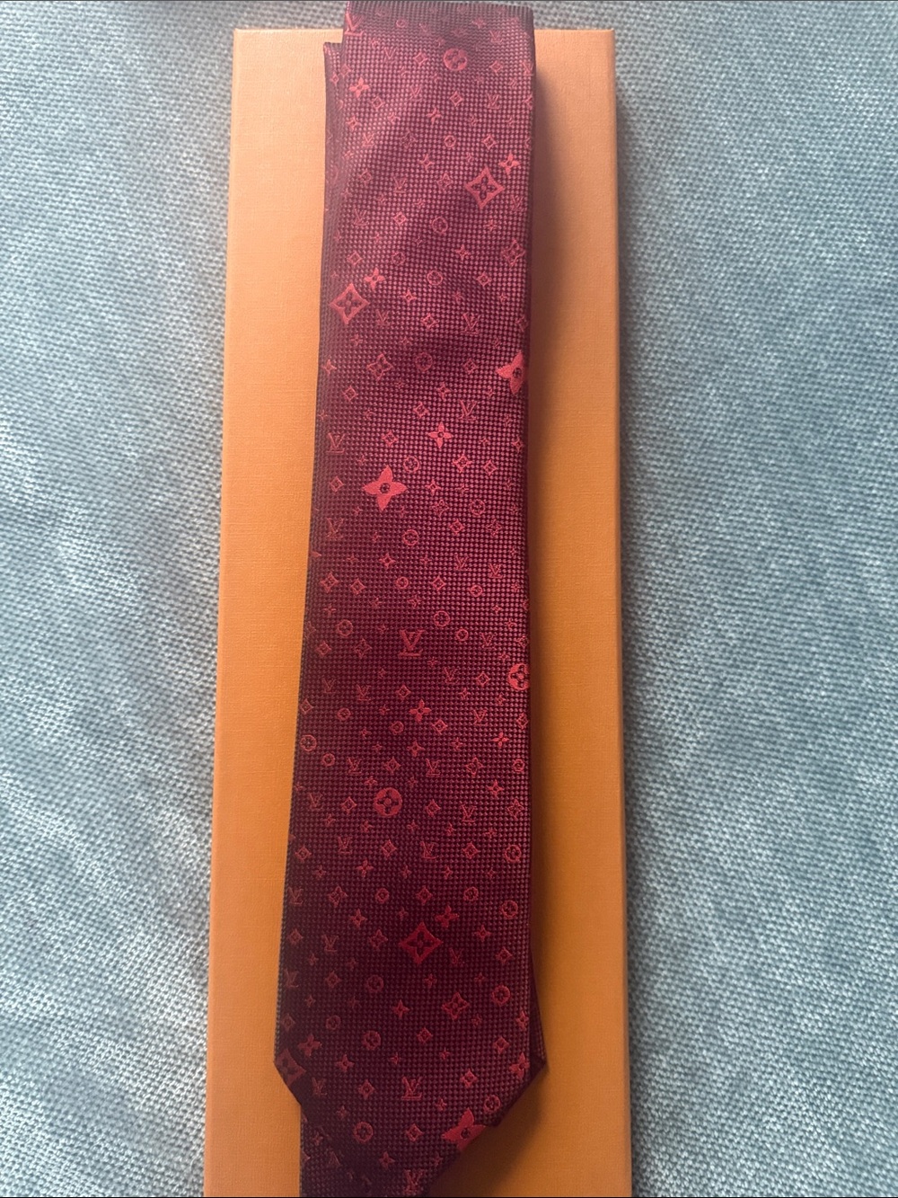 Source Unknown Burgundy Tie with Red Monogram Pattern